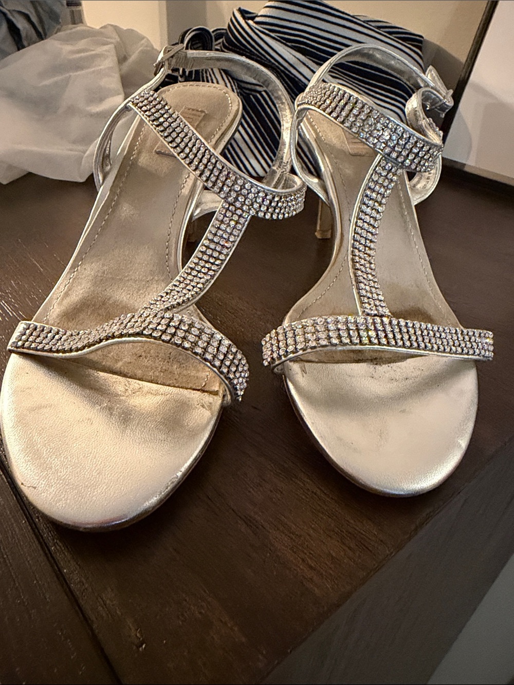 Glint Silver Rhinestone T-Strap Heels